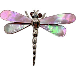 Swoboda Garnet Mop Dragonfly Brooch Mother Of Pearl Wings Signed Costume Jewelry